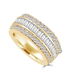 Private Pleasures - Wide Band Ring with a beautiful triple spin! Three heavenly rows of Diamond Essence Masterpieces. In the center, intimately touching channel set baguettes, and on both sides, round cut melee pieces. 5 Cts. T.W, in 14K Solid Gold.
