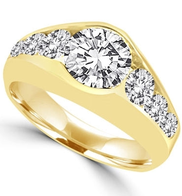 14K Solid Yellow Gold ring with 2.0 ct. center stone, with round stones down the sides. 3.5 cts.t.w. (Also available in Platinum Plated Sterling Silver, Item#SRD1509 / 14K Gold Vermeil, Item#VRD1509).