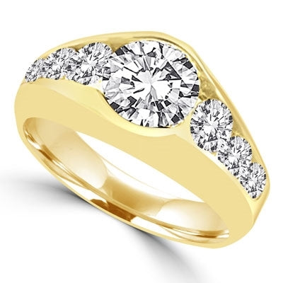 14K Solid Yellow Gold ring with 2.0 ct. center stone, with round stones down the sides. 3.5 cts.t.w. (Also available in Platinum Plated Sterling Silver, Item#SRD1509 / 14K Gold Vermeil, Item#VRD1509).