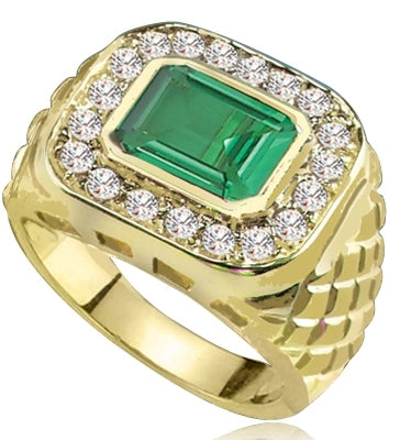 Imposing 14K Solid Yellow Gold man's ring with a 4.0 ct. bezel-set Emerald cut Emerald center stone attended by a melee of Round cut mini masterpieces. 4.5 cts. t.w. For prime movers.