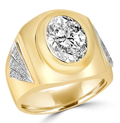 Man's classy wide bodied ring, two-tone 14K Solid Yellow Gold, with oval cut center stone, 6.15 cts.t.w..