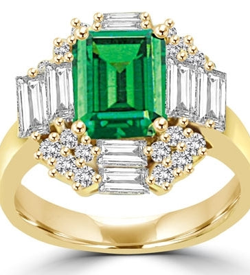Ring emerald cut emerald stone, baguettes on 4 sides