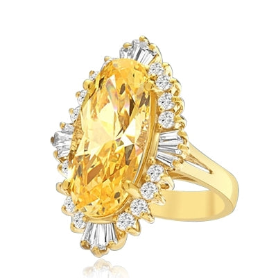Designer ring with Diamond essence 9.0 cts. Canary stone in the center and encircled by round stones and a large spray of baguettes on all four sides. Wear it with confidence.10.75 cts. t.w.
