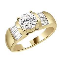 Classic ring with 1 carat Diamond Essence round brilliant with baguettes on each side. 2.0 cts.t.w. in 14K Solid Gold.