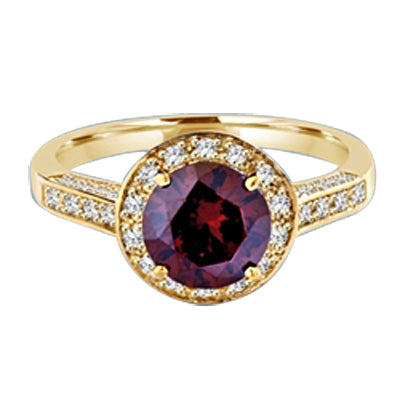 Diamond Essence Designer ring with 2.0 ct. Round Chocolate stone in center, surrounded by round stones, 2.5 cts. T.W. set in 14K Solid Yellow Gold.