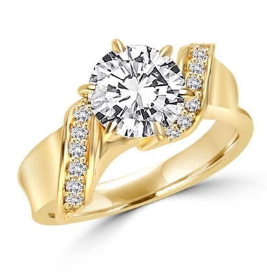Intertwined Love! Brilliant 2 Ct Center in perfect harmony with twirling band of Round Stones. 2. 5 Cts. T.w. In 14k Solid Yellow Gold.