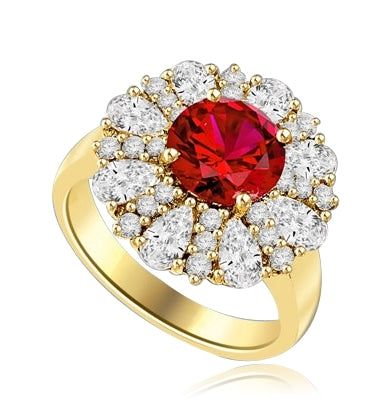 Diamond and Ruby Ring - Outstanding Ring with 2.0 cts. Round Ruby Essence in Center surrounded by Pear cut Diamond Essence and Melee. 5.5 Cts. T.W. set in 14K Solid Yellow Gold.