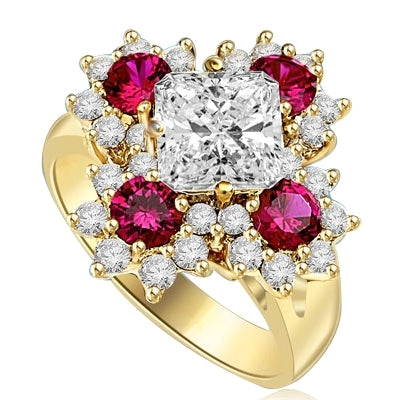 Designer Ring With Asscher cut Diamond Essence in center surrounded by Floral Design created with Round Ruby Essence and Melee. 6.0 Cts. T.W. set in 14K Solid Yellow Gold.