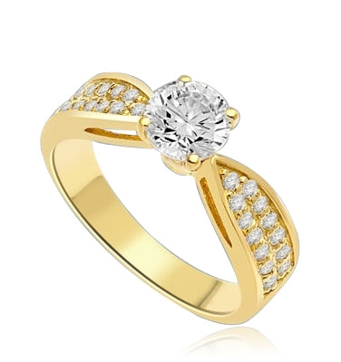 Sexy and Stylish 0.75 Ct. Round Stone Ring with deep channel set round accents on the band. 1.25 Cts. T.W. In 14k Solid Yellow Gold.