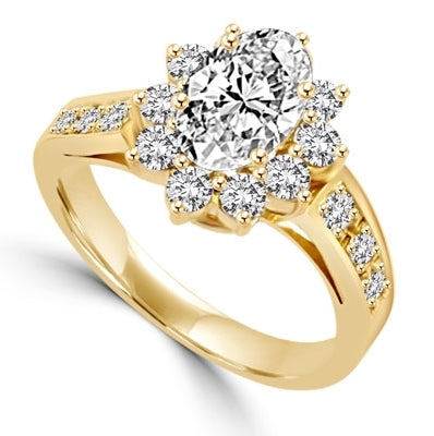 Wide Band Flower Ring sparkles with 1.5 Cts. Oval Center and Round Brilliant Accents and Melee on the band. In 14k Solid Yellow Gold.