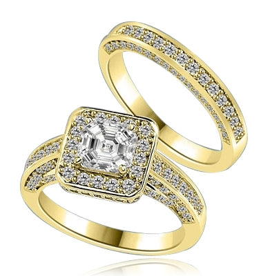 Wedding set with sparkles all around-1.25 Cts. Asscher cut Diamond Essence set in the center, outlined with Melee around and on the band. Curved matching band with sparkling melee. 2.75 Cts. T.W. in 14K Solid Gold.
