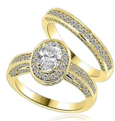 Wedding Set--1.0 ct. Oval cut Diamond Essence set in the center with melee around. Matching band with Melee. 2.50 cts.t.w.in 14K Solid Yellow Gold.