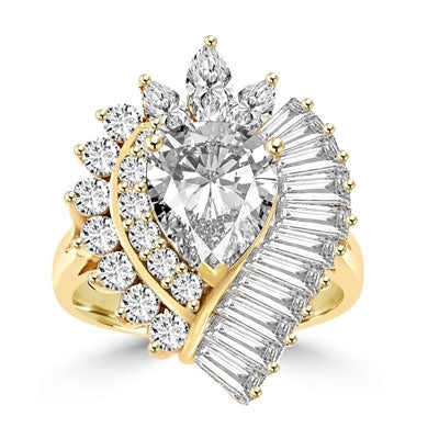 Prong Set Cocktail Ring with Artificial Pear and Marquise Cut Diamonds, Baguettes and Round Brilliant Melee by Diamond Essence set in 14K Solid Yellow Gold