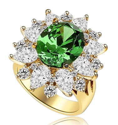 Party Perfect Ring with Sparkling Pear cut and Round cut Diamond Essences around 5.0 Cts. Oval cut Emerald Essence in center, making beautiful floral design. 9.0 Cts. T.W. set in 14K Solid Yellow Gold.