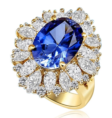 Medley Magic - Artistically set mixture of Marquise cut, Pear cut and Round cut Diamond Essences around 6.0 Cts. Oval cut Sapphire Essence in center. Perfect for Party. 10.0 Cts T.W. set in 14K Solid Yellow Gold.