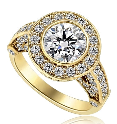 Designer Ring with Bezel Set, 2.0 Cts. Round Brilliant Diamond Essence in center with Melee around and on the band, 2.5 Cts. T.W. set in 14K Yellow Gold.