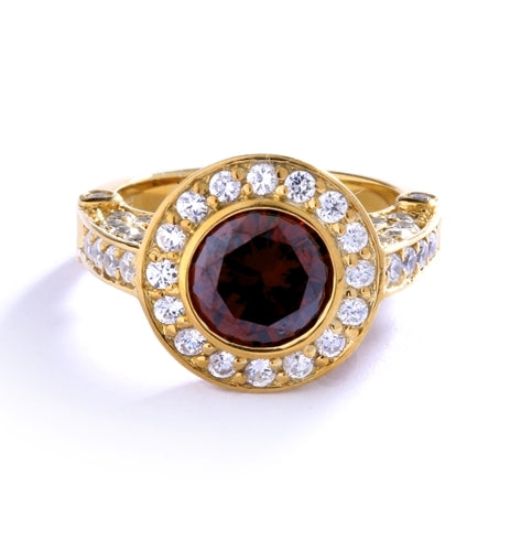 Diamond Essence Designer Ring with 1.5 cts.Chocolate Center, surrounded by small round stones. 3.0 cts. T.W. set in 14K Solid Yellow Gold.