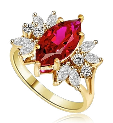 Designer Ring with 2.0 Cts. Marquise cut Ruby Essence in center accompanied by delicately set Marquise and Melee on each side. 3.0 Cts. T. W. set in 14K Solid Yellow Gold.