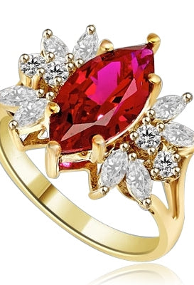 Designer Ring with 2.0 Cts. Marquise cut Ruby Essence in center accompanied by delicately set Marquise and Melee on each side. 3.0 Cts. T. W. set in 14K Solid Yellow Gold.