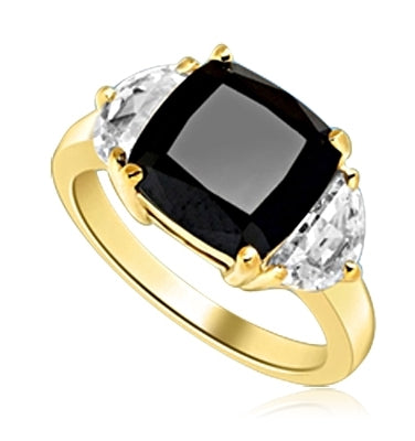 Half Moon Ring - 1.0 Cts. Half Moon Shaped Diamond Essence, set on each side of 4.0 Cts. Cushion cut Onyx Essence in center, 6.0 Cts. T.W. set in 14K Solid Yellow Gold.