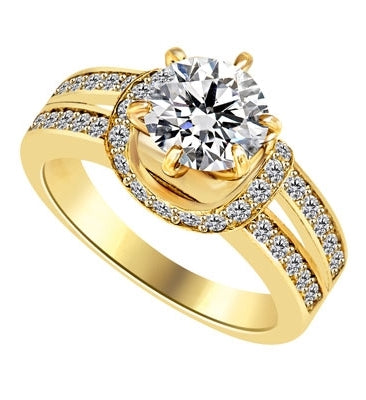 Engagement Ring- 1.75 Cts. Tiffany set Round Brilliant Diamond Essence in center enhanced by melee in curvd setting and two rows of melee on each side, adding more sparkles. 2.25 Cts T.W. set in 14K Solid Yellow Gold.