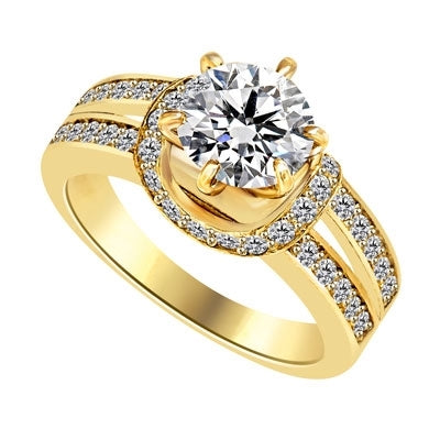 Engagement Ring- 1.75 Cts. Tiffany set Round Brilliant Diamond Essence in center enhanced by melee in curvd setting and two rows of melee on each side, adding more sparkles. 2.25 Cts T.W. set in 14K Solid Yellow Gold.