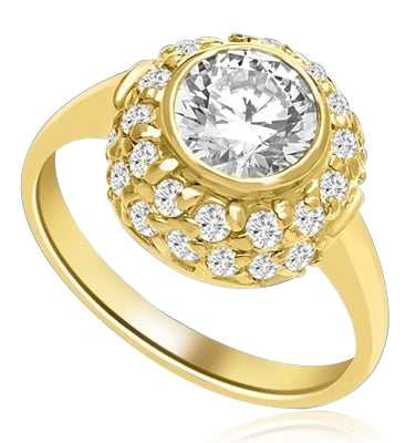 Bezel Set Round Stone sits atop a thumping display of clustered melee on wide high band. - 4 cts t.w. in 14k Solid Yellow Gold.