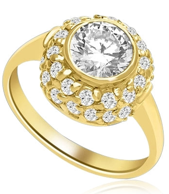 Bezel Set Round Stone sits atop a thumping display of clustered melee on wide high band. - 4 cts t.w. in 14k Solid Yellow Gold.