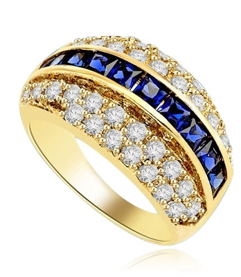 Diamond and Sapphire Ring - Impressive ring, one row of 2.0 Cts. Princess Cut Sapphire Essence stones in center with two rows of melee on each side. 2.50 Cts.T.W. set in 14K Solid Yellow Gold.