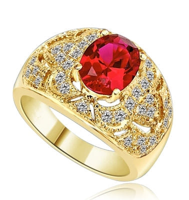 Designer Ring with 2.0 Cts. Oval cut Ruby Essence in center with Melee set floral design on the band. 2.5 Cts. T.W. set in 14K Solid Yellow Gold.