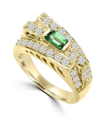 Diamond Essence Designer Ring In Unusual Artistic Design With 0.25 Ct. Emerald Baguettes And Round Melee, 1.75 Cts T.W. In 14K Solid Yellow Gold.