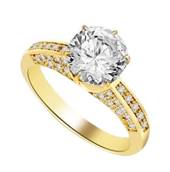 Diamond Essence Designer Ring with 2.0 Cts. Round Brilliant Diamond Essence in Center and melee set on three sides of band, 3.90 Cts. T.W. set in 14K Solid Yellow Gold.