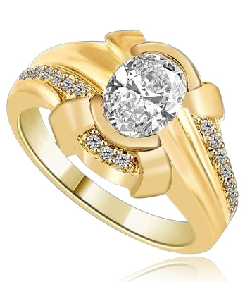 1.25 Cts. Chanel set Oval cut Diamond Essence in center with Melee on top and bottom flowing down on band, 1.50 Cts. T.W. set in 14K Solid Yellow Gold.
