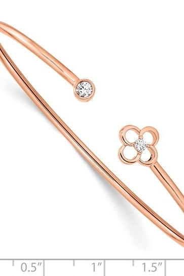 14K rose gold flexible cuff bangle with diamond essence lab grown round diamond in bezel and prong setting