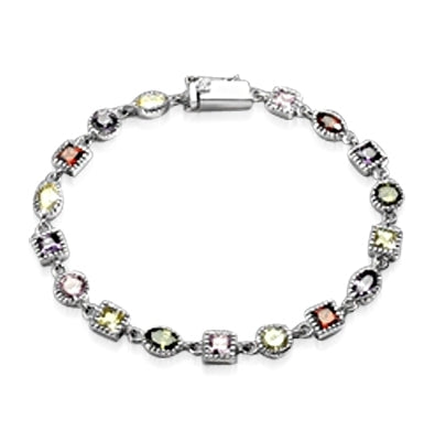 Unique Diamond Essence Bracelet with colorful stones, set in Platinum Plated Sterling Silver.