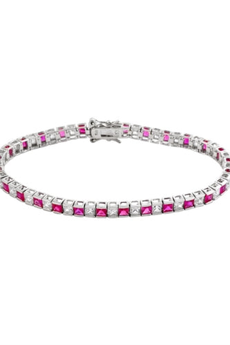 Diamond Essence and Ruby Essence princess cut tennis bracelet, each stone of 0.20 ct. in alternate setting in Platinum Plated Sterling Silver. 10.4 cts.t.w.