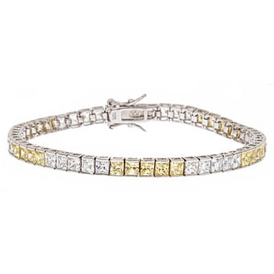 Diamond Essence and Citrine(yellow) Essence princess cut tennis bracelet, each stone of 0.20 ct. set in alternate group of 5 stones. 10.4 cts.t.w. in Platinum Plated Sterling Silver.