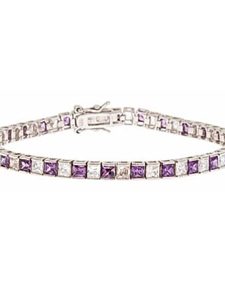 Diamond Essence and Amethyst Essence princess cut tennis bracelet, each stone of 0.20 ct. in alternate setting in Platinum Plated Sterling Silver. 10.4 cts.t.w.