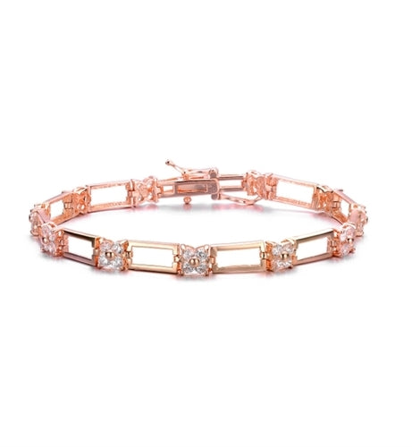 Diamond Essence Designer Bracelet With 0.06 Ct. Each Round Brilliant Stones, Four Round Stone Together Makes Floral Look And Separated By Metal Link Which Enhances The Beauty Of Bracelet In Rose Plated Sterling Silver, 2.64 Cts.T.W.