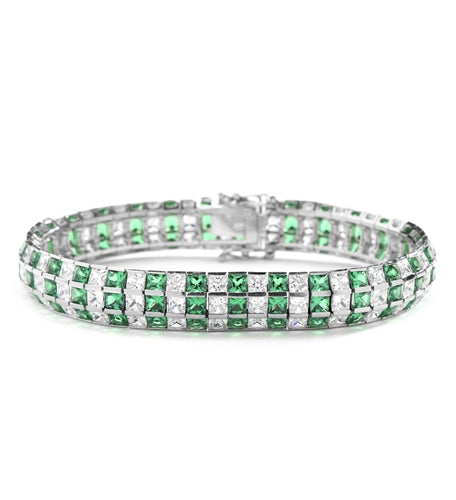 Lovely best selling bracelet with 23.25 cts.t.w. of Princess cut Emerald Essence and Princess cut Diamond Essence stones set in Platinum Plated Sterling Silver.