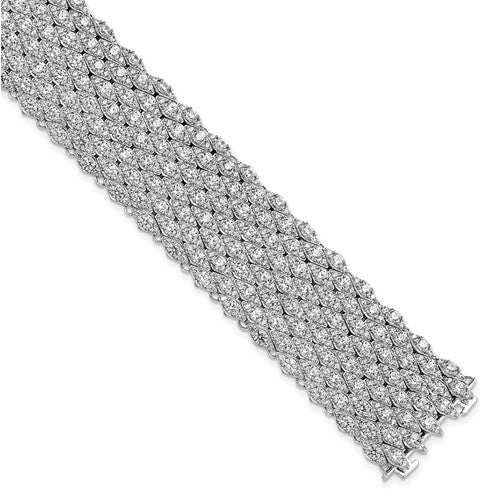 Designer Mesh Bracelet With Diamond Essence Round Brilliant And Melee In Platinum Plated Sterling Silver.