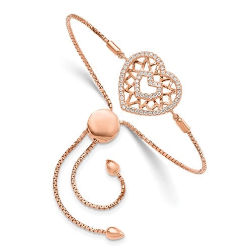 An alluring pave-set adjustable bracelet for women with simulated round brilliant Diamonds by Diamond Essence set in rose plated sterling silver. 0.60 Cts.t.w.