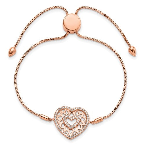 An alluring pave-set adjustable bracelet for women with simulated round brilliant Diamonds by Diamond Essence set in rose plated sterling silver. 0.60 Cts.t.w.