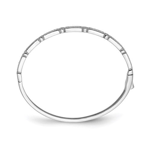 A prong set hinged bangle bracelet for women with lab-made 25 round brilliant diamonds by Diamond Essence set in platinum plated sterling silver