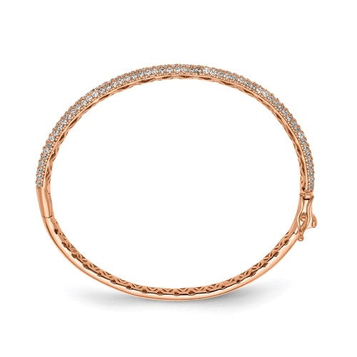 A timeless pave set hinged bangle bracelet for women with lab-made 175 round brilliant melee by Diamond Essence set in rose plated sterling silver.