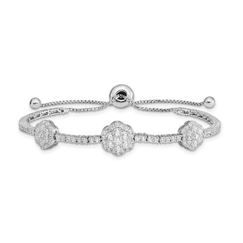 A majestic looking designer adjustable bracelet in a prong setting with artificial round brilliant diamonds by Diamond Essence set in platinum plated sterling silver. Total 133 stones.