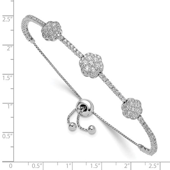 A majestic looking designer adjustable bracelet in a prong setting with artificial round brilliant diamonds by Diamond Essence set in platinum plated sterling silver. Total 133 stones.