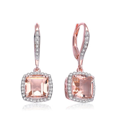 Diamond Essence Drop Lever Back Earrings With Cushion Cut Morganite Escorted By Melee And Melee On The Bail Enhance the Beauty, 5 Cts.T.W. In Rose Plating Over Sterling Silver.