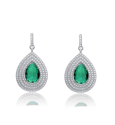 Diamond Essence Designer Earrings With Emerald Essence Pear Center Surrounded By 3 Rows Of Melee In Steps And Melee On The Bail Enhance The Look, 4 Cts.T.W. In Platinum Plated Sterling Silver.