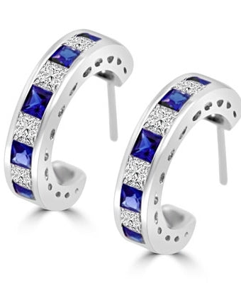 Beautiful hoop earrings in Platinum Plated Sterling Silver, with alternate Sapphire Essence and Diamond Essence Princess cut stones, 0.20 cts. each set channel set. 5.6 cts.t.w.